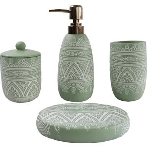 Hymmah Green Bathroom Accessories Set,Farmhouse Bathroom Decor,4 Pcs Resin Gift Set Apartment Necessities, Contain Cotton Swab Jar,Soap Dispenser,TumblerSoap Dish/Tray