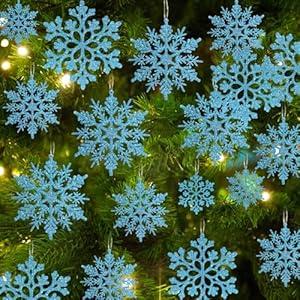 36pcs Christmas Light Blue Snowflake Ornaments Plastic Glitter Snow Flakes Ornaments for Winter Christmas Tree Decorations Size Varies Craft Snowflakes