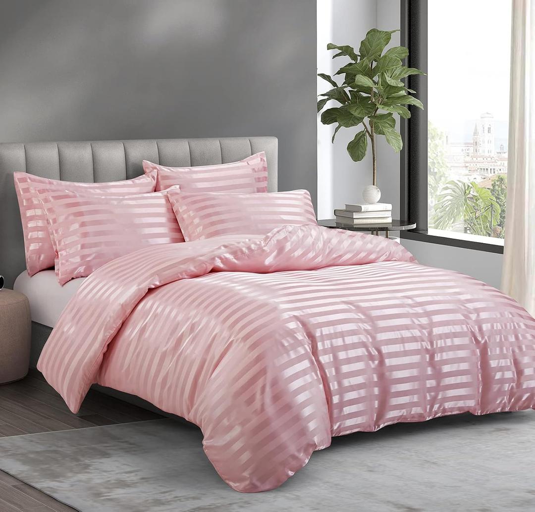 P Pothuiny 5 Pieces Satin Striped Duvet Cover Full/Queen Size Set, Luxury Silky Like Blush Pink Stripe Duvet Cover Bedding Set with Zipper Closure, 1 Duvet Cover + 4 Pillow Cases (No Comforter)