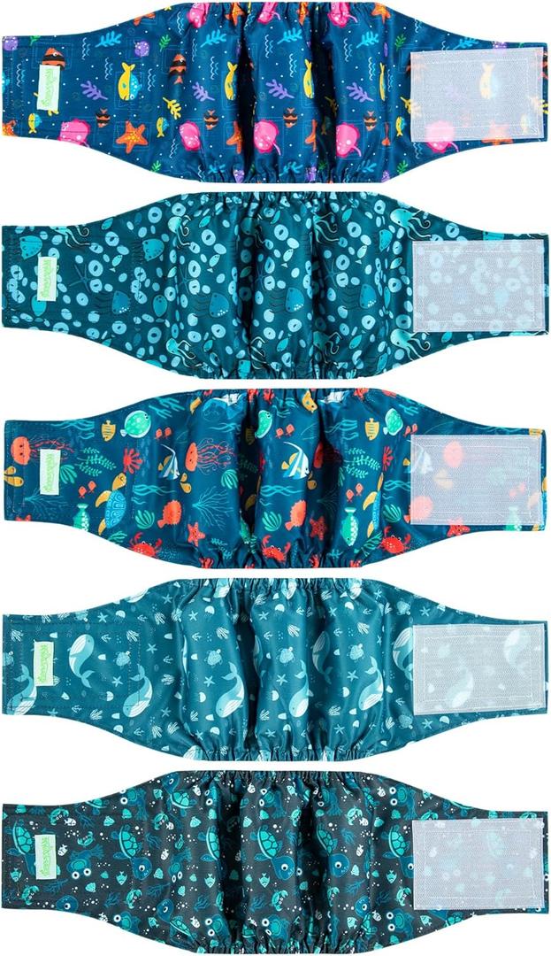 wegreeco Small Dog Diapers Male,Reusable Belly Bands for Male Dogs,Washable Doggie Puppy Diapers Wraps,Medium Large Size (5 Pack Medium, Marine Animal)
