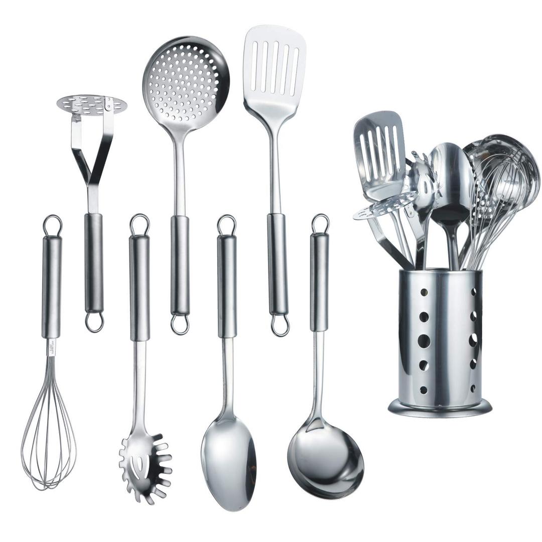 Berglander Cooking Utensil Set 8 Piece, Stainless Steel Kitchen Tool Set with Stand,Cooking Utensils, Slotted Tuner, Ladle, Skimmer, Serving Spoon, Pasta Server,Potato Maseher, Egg Whisk 