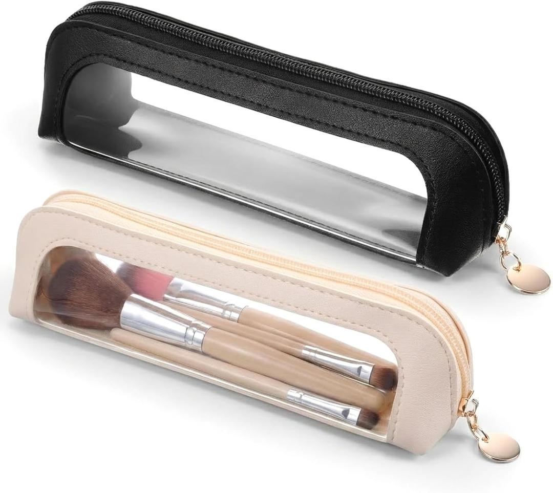 Small Double Sided Clear Makeup Bag, PU Leather Waterproof Makeup Brush Bag, Portable Travel Mini Cosmetic Bag with Zipper for Women Home Travel Office Cosmetic Storage (Black, Apricot)