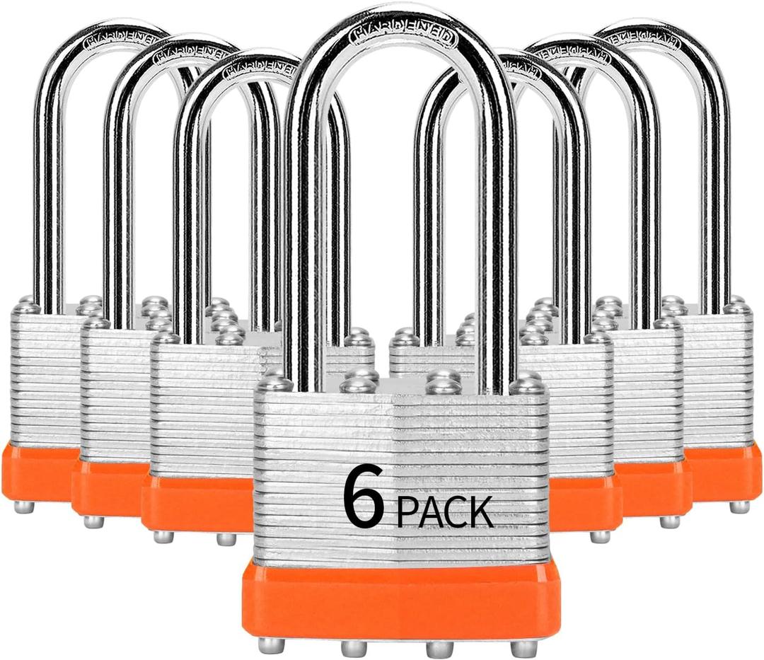 Padlocks Keyed Alike, Pack of 6, Laminated Steel Keyed Lock (1-9/16", 40mm), Padlocks with Same Key, Long Shackle, for Toolbox, Locker & StorageUnit or More