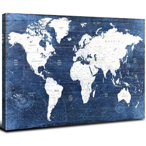 World Map Canvas Wall Art Modern Office Pictures Decorations World Maps for Living Room Wall Decor Retro Global Map Poster Navy Blue Framed Painting Artwork Home Bedroom Decoration 12x16