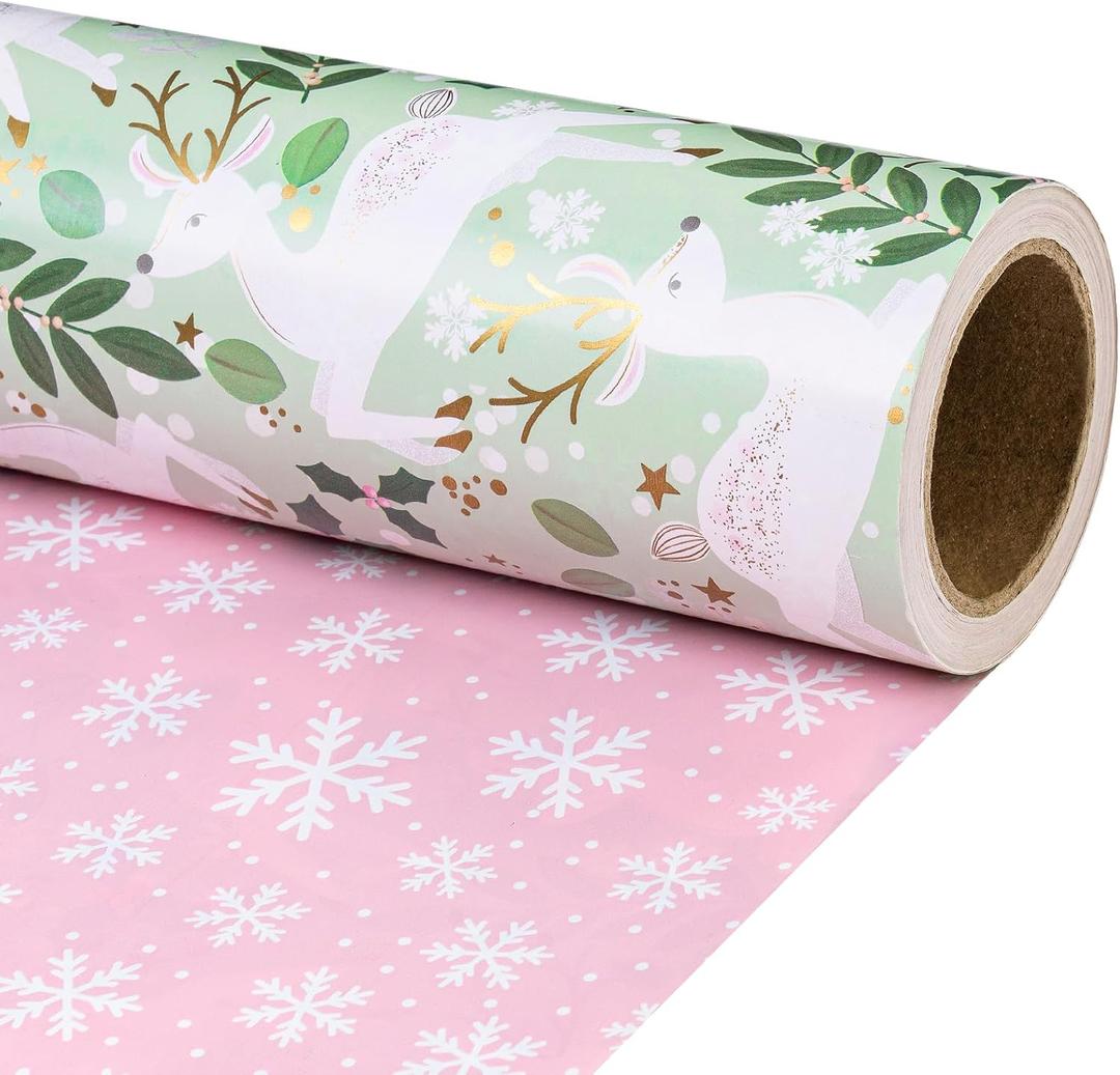 RUSPEPA Reversible Christmas Wrapping Paper Roll, Mini Roll, Gold Foil White Reindeer Woodland Pattern and Pink Snowflake Gift Wrap Paper for Holiday, Winter Gifts, 17 Inches x 32.8 