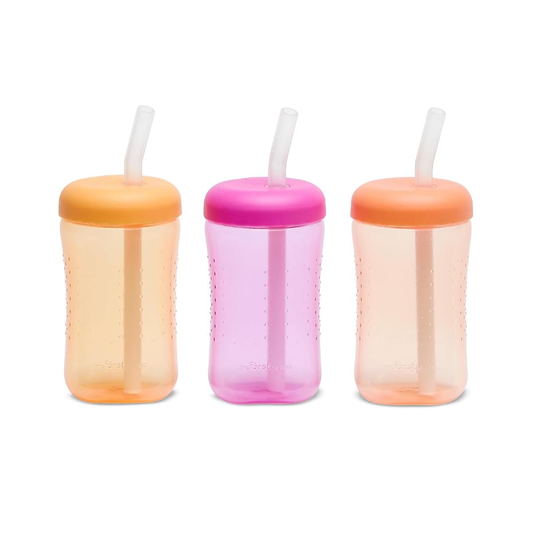 3 x The First Years Squeeze & Sip Toddler Straw Cups - Squeezable Transition Sippy Cup with Silicone Straw - Toddler Feeding Supplies - Yellow/Pink/Orange - 7 Oz - 3 Count - Ages 6 Months and Up