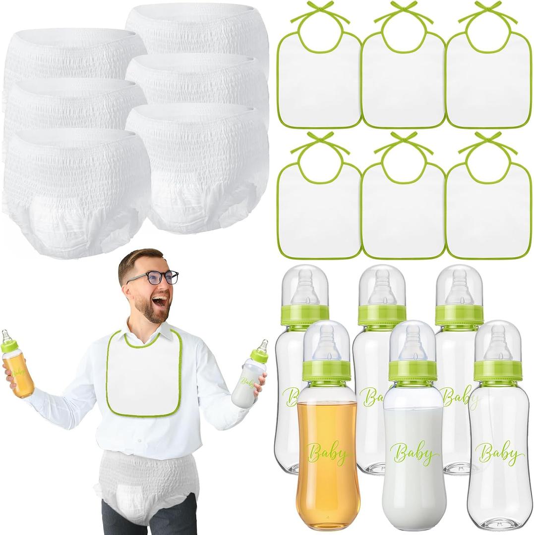 6 Sets Bottle Chug Baby Shower Games Juegos Para Plastic Baby Bottles Bibs Disposable Diapers Gender Reveal Games Baby Changing Diaper Race Game Decoration (Green)