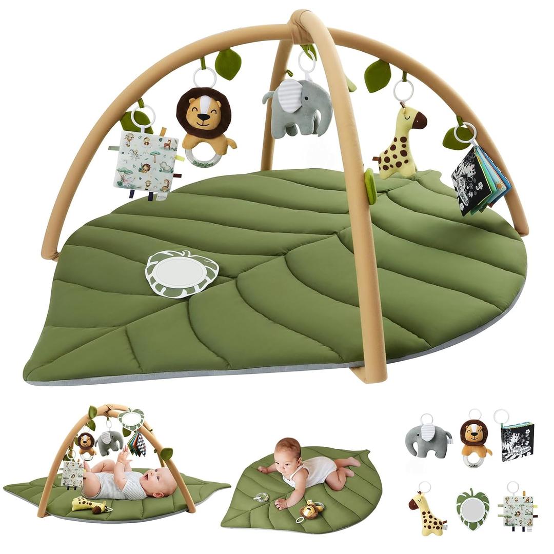 Blissful Diary Baby Play Gym & Activity Mat, Oversize Leaf Shaped Baby Play Mat w 6 Detachable Toys, Tummy Time Mat Promote Motor Skills & Sensory Development Mat, Newborn Infant Baby Essentials Gift