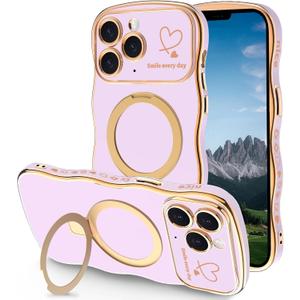 Case for iPhone 11 Pro Max with Magnetic Stand, Luxury Plating Curly Wavy Frame and Cute Heart Pattern, Lens Edge Raised Protection, Slim Shockproof Soft Case for iPhone 11 Pro Max-Light Purple