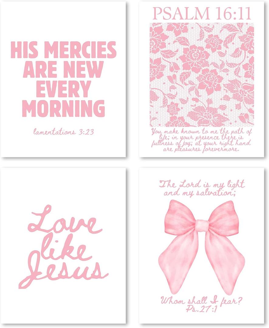 FGFK Girly Pink Christian Wall Art Prints Set of 4, Lamentations 3:23 Psalm 16:11 Psalm 27:1 Bible Verse Preppy Posters Pictures Wall Decor for Girls Room Dorm Apartment, 8x10 Unframed