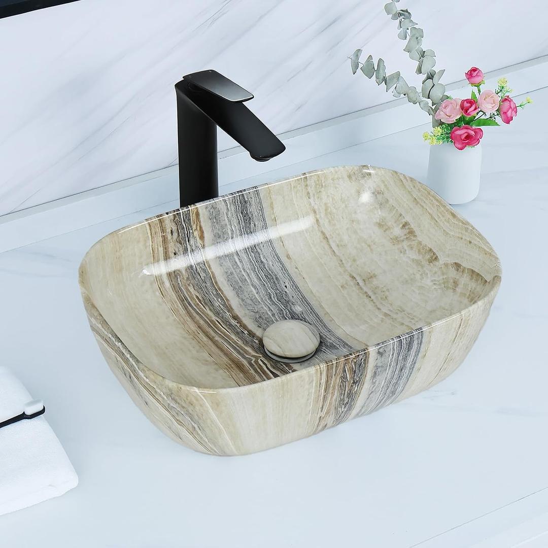 Davivy 18.3"13" Marbling Rectangle Bathroom Vessel Sink with Pop Up Drain,Nordic Ceramic Vessel Sinks,Bathroom Sinks Above Counter,Rectangle Vessel Sink for Bathrooms