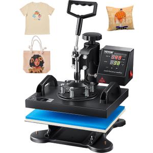 VEVOR Heat Press, 12x10in Heat Press Machine, Clamshell Sublimation Transfer Printer Fast Heat-up, Digital Precise Temperature Control, Vinyl Heat Press for T-Shirts Bags Garments Mats Puzzles, 650W