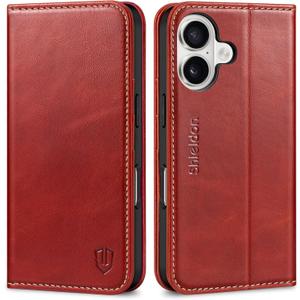 SHIELDON Case Wallet for iPhone 17 5G 6.3" 2025 | Genuine Leather | RFID Blocking Card Holder | Folio Magnetic Closure | Kickstand | Shockproof | Full Protective Cover | Retro Red