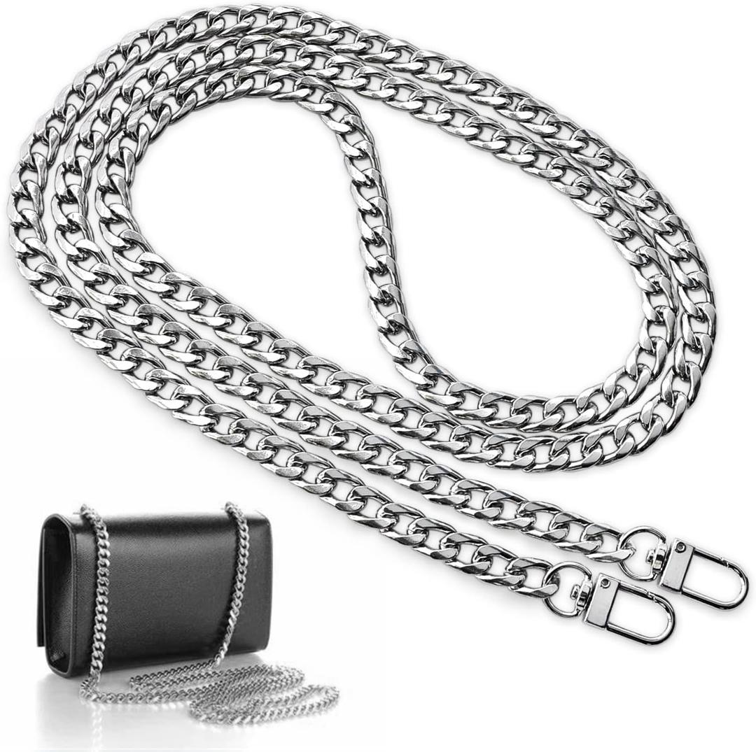 CooBigo 47" Purse Chain Strap Metal Shoulder Crossbody Bag Chain with Metal Buckles, Flat Chain Strap for Purse Handbag (Silver)