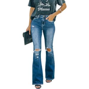 KUNMI Women's Flare Bell Bottom Jeans High Waisted Wide Leg Bootcut Jeans Stretchy Denim Pants (10, Ff005-dark Blue)