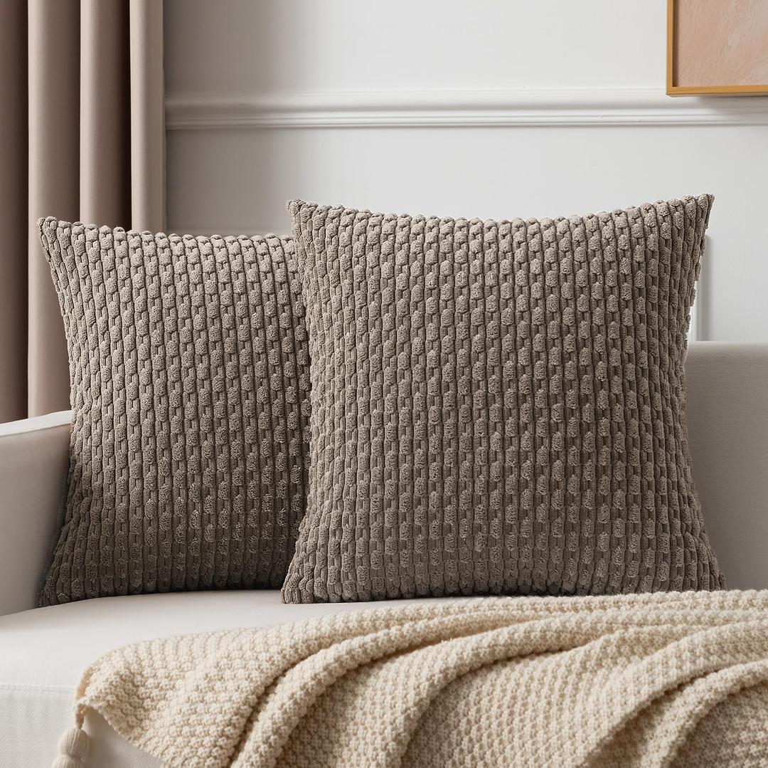 Kevin Textile Pack of 2 Corduroy Decorative Throw Pillow Covers 18x18 Inch Soft Boho Striped Pillow Covers Modern Farmhouse Home Decor for Spring Sofa Living Room Couch Bed Light Brown (18" x 18" (Pack of 2), Light Brown)