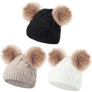 3 Pieces Baby Beanies Toddler Kids Hats Winter Double Pompom Beanies Caps Knitted for Girls Boys (One Size, Black, White, Khaki)