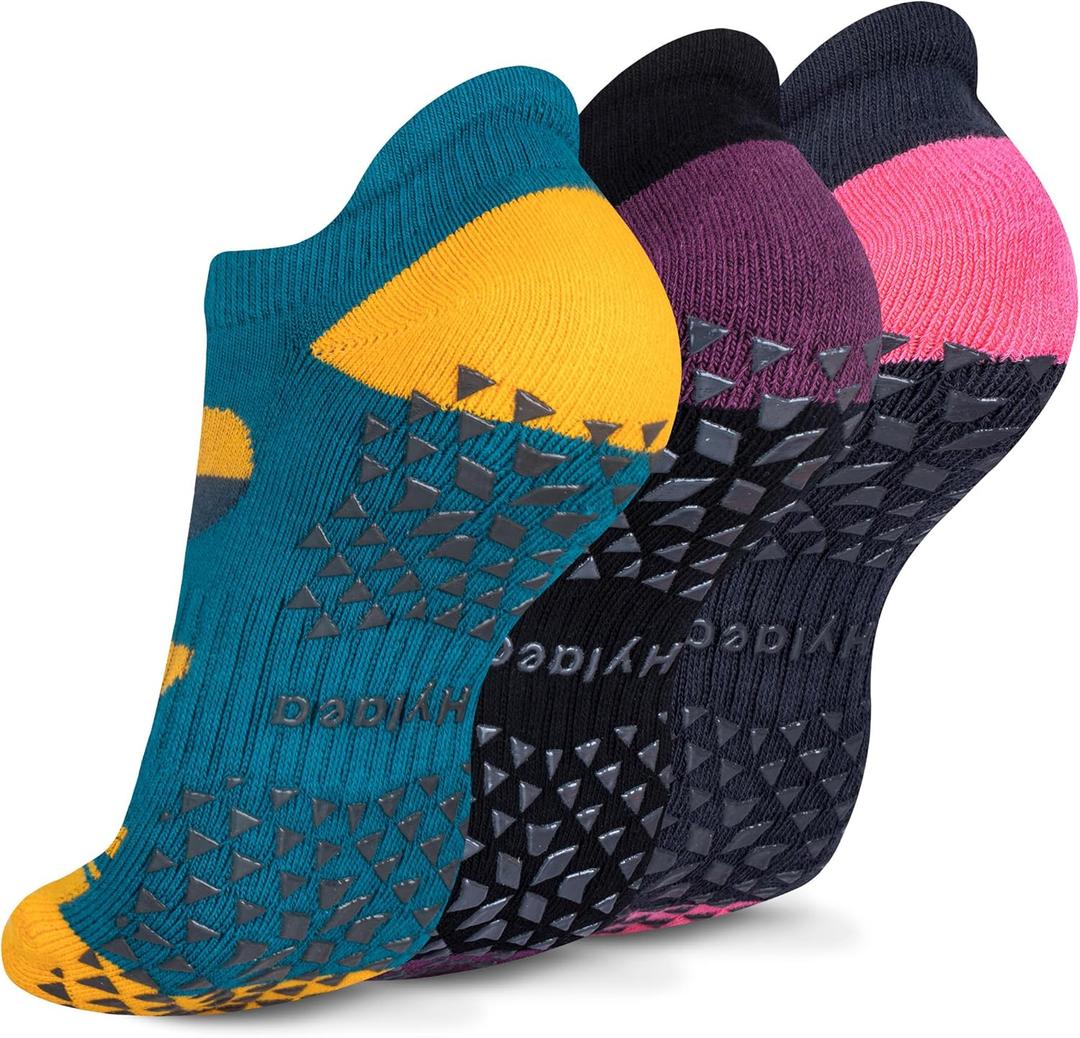 Hylaea Unisex Non Slip Socks with Grip for Yoga, Hospital, Pilates, Barre | Ankle, Cushioned (Small-Medium, 3 Pairs Yellow Blue Brown)