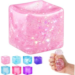 Ice Cube Squishy Fidget Toy, Slow Rise Squeeze Sensory Toy Stress Ball for Office Desk Anxiety Relief, Focus & Calm Novelty Gift for Teens - Pink Glitter