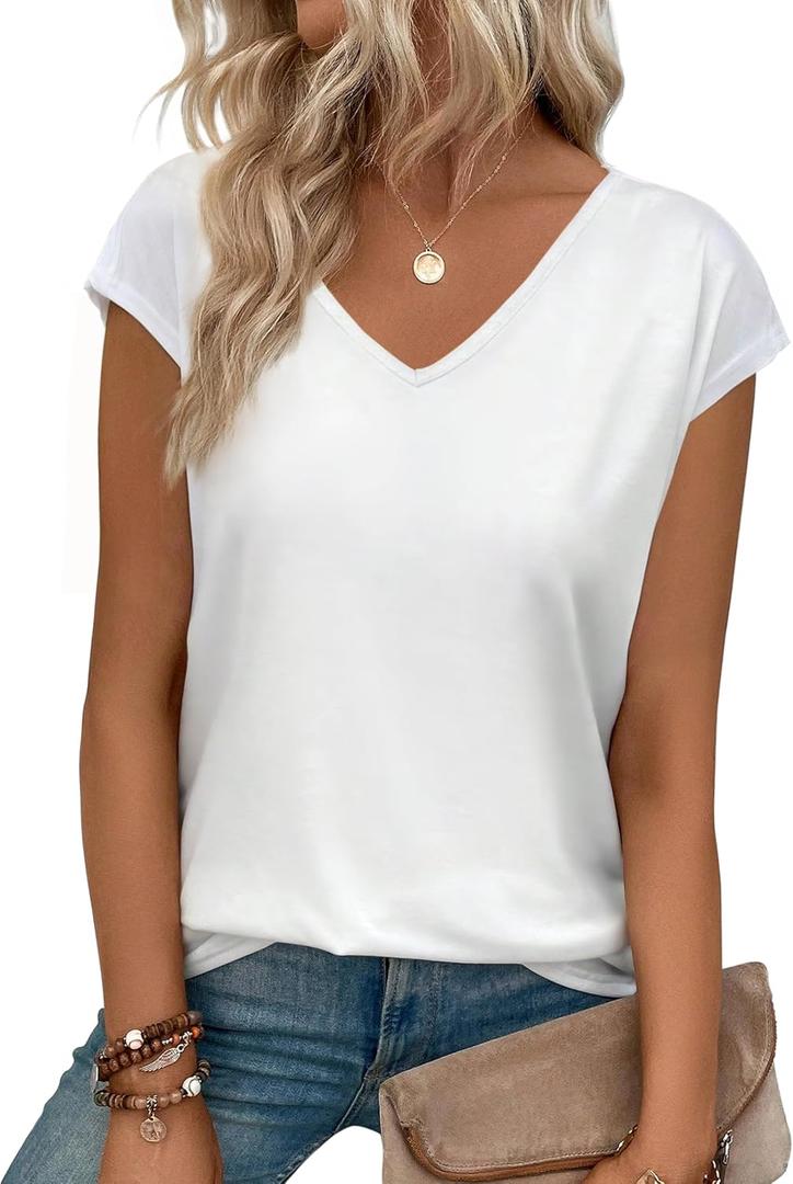Womens Summer Tops Short Cap Sleeve Shirts V Neck Basic Tees Casual Fashion T Shirts (White, M)