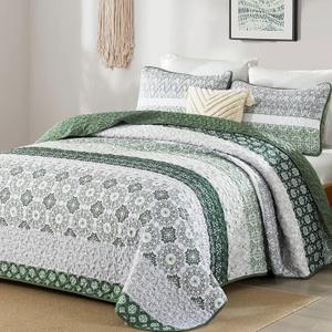 WONGS BEDDING Green Quilt Set King Size,Boho Striped Patchwork Bedspread Coverlet Set,3 Pieces Microfiber Bedding Set for All Seasons (104"90")