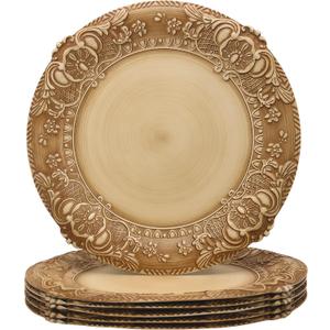 13-Inch Vintage Embossed Charger Plates, Set of 6 - Decorative Antique Gold Plastic Underplates for Dinner Party, Wedding, and Holiday Table Decor - Durable & Reusable Service Plates
