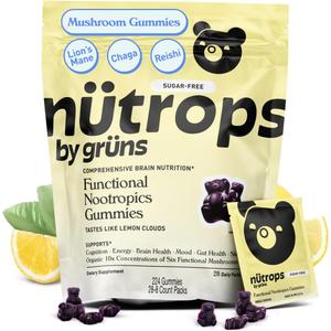 Nutrops Sugar-Free Lions Mane Mushroom Gummies for Adults, Functional Nootropics, Herbal Brain Supplement for Energy, Brain Health, Cognitive, Memory & Focus, Reishi, Chaga, Cordyceps - 28 Day Supply Best By: 12/2026