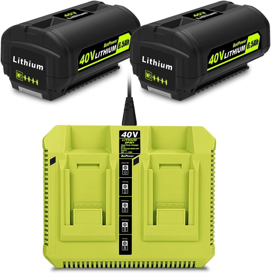 BatPower 2-Pack 40V 6.5Ah Lithium-Ion Replacement Battery and Charger Starter Kit Compatible with Ryobi 40V System, High Capacity Batteries and Charger OP4050A OP401 (3-Piece Set)