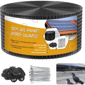 Solar Panel Bird Guard,6in x 100ft Critter Guard Roll Kit for Roof Protection Net Wire Screen,Rust-Proof Black PVC Coated Galvanized Net Pigeon Mesh with 70 Fastener Clips for Bird,Animal Control