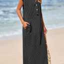 KIRUNDO Womens Summer Dresses 2026 Spring Ribbed Knit Henley Short Sleeve Maxi Dress Button Up Loose Beach Vacation Sundress (Black, M)