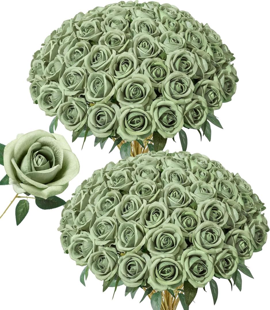50 PCS Green Roses Artificial Flowers, Fake Roses with Stem Realistic Silk Roses for DIY Wedding Bouquets Tables Centerpieces Arrangements Baby Shower Birthday Home Decor Valentine's Day Gift for Her