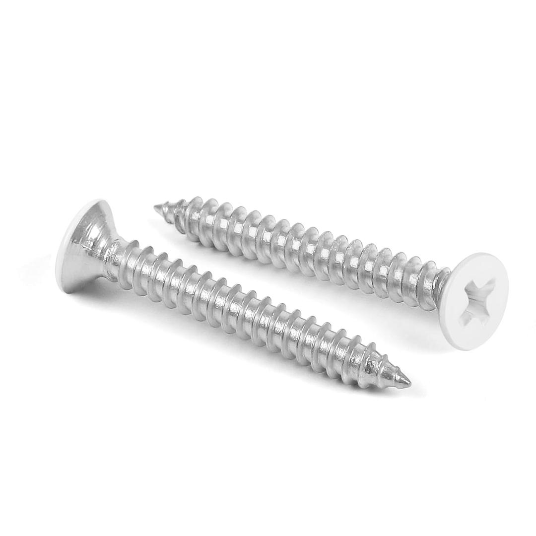 #4 x 1 Flat Head Wood Screw, Sheet Metal Screws, Stainless Steel 18-8 (304), White Head, 100 PCS