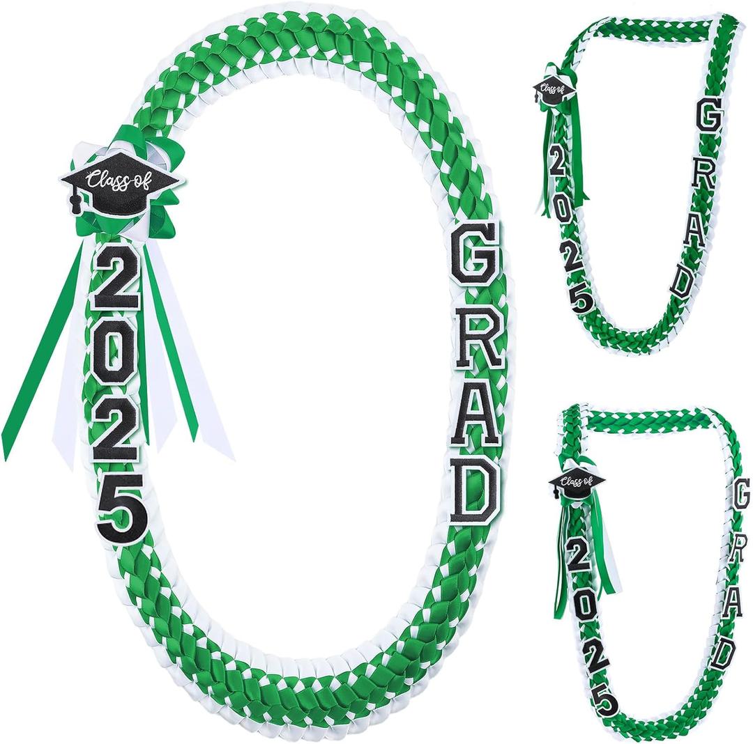 Hotop Graduation Leis Class of 2025 Grad Ribbon Double Braided Necklace Handmade Money Leis for Congrats Graduates Senior (Green, White)