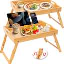 Greenual 2 Pack Bed Tray Table with Handles Folding Legs, Bamboo Breakfast Food Tray with Media Slot, Use As Platter, Laptop Desk, Snack, TV Tray Kitchen Serving Tray(Natural)