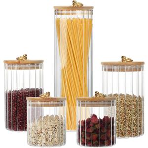Topsky Glass Storage Jars Set of 5,Coffee Bar Storage Jar with Airtight Bamboo Lid,Pantry Storage Container Sets for Kitchen Countertop,Dining Room,Clear Food Storage Containers (Metal Ring Airtight Lid)