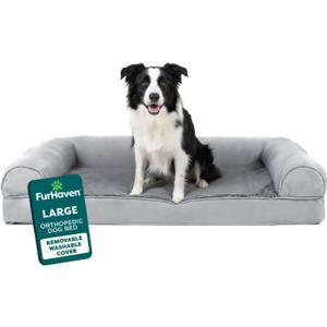 Furhaven Orthopedic Dog Bed for Large/Medium Dogs w/ Removable Bolsters & Washable Cover, For Dogs Up to 55 lbs - Plush & Suede Sofa - Gray, Large