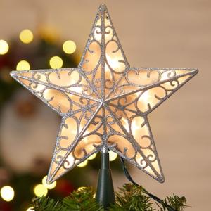 Christmas Star Tree Topper, Plug in Sliver Glittered 3D Star Tree Topper, Metal Hollow Designed Built-in 10 Bulbs String Lights for Indoor Office Christmas New Year Holiday Tree Decoration (Pvc Silver Star)