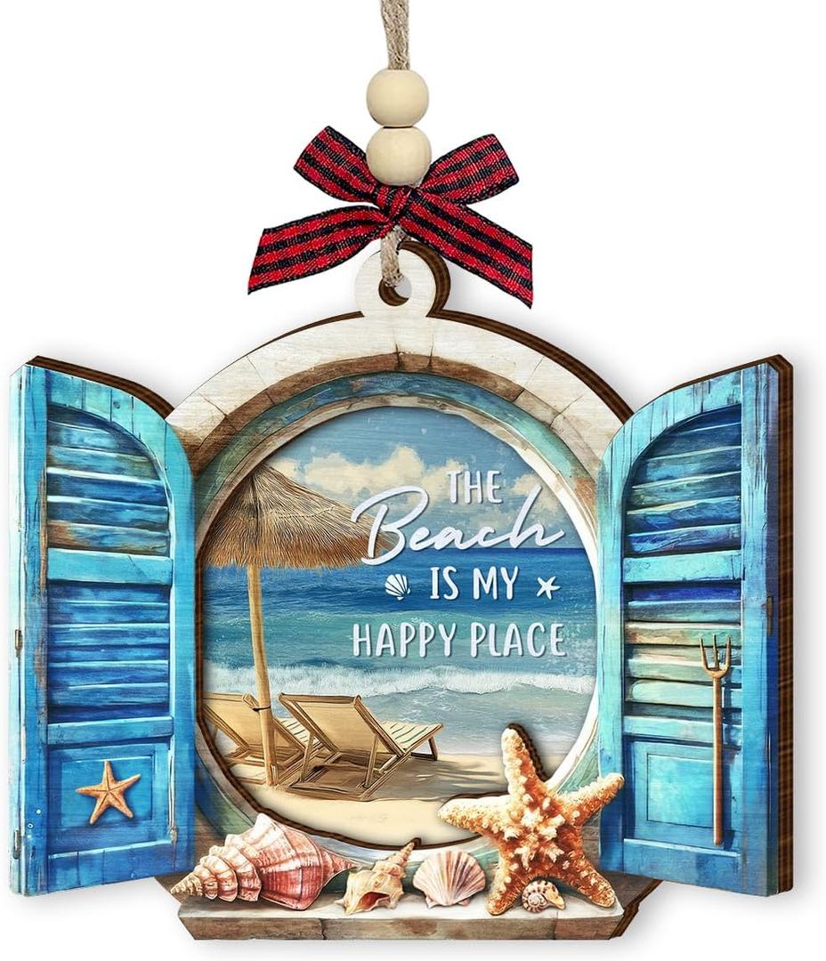 2 x Wooden Beach Ornaments for Christmas Tree 2025 - Beachy Ornaments, Beach Themed Gifts for Women Men - Ocean Gift, Beachy Gifts for Family, Friends - Coastal Nautical Holiday House Decor