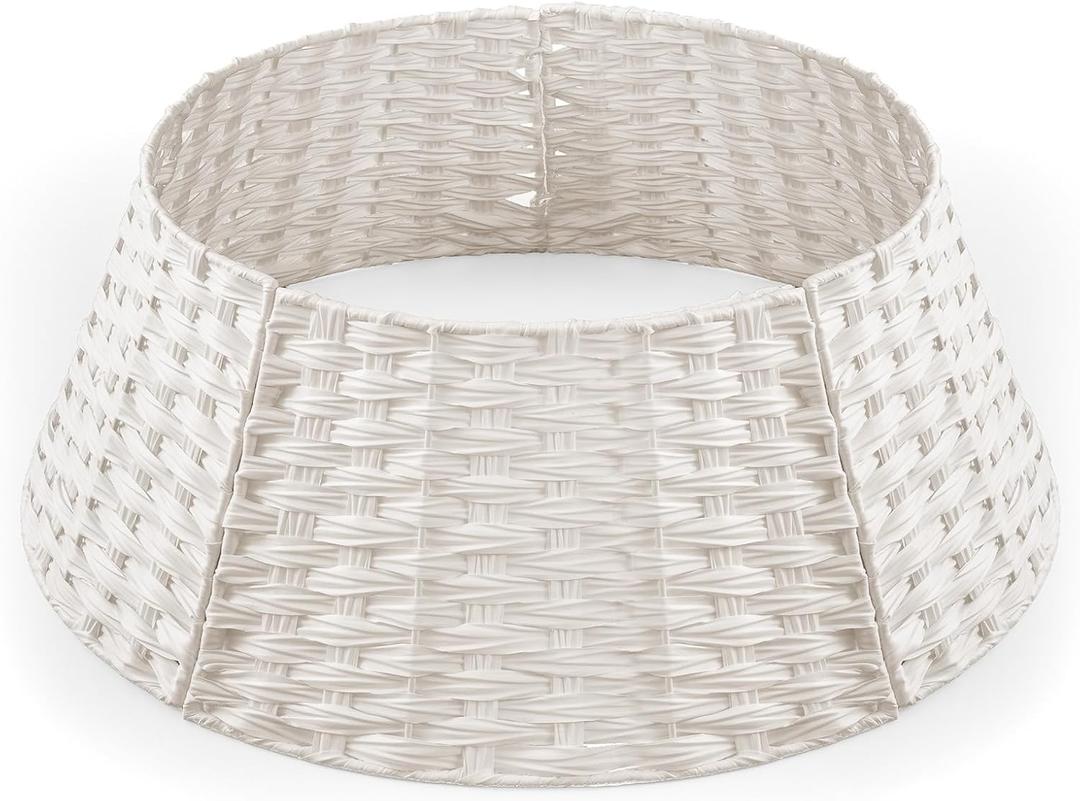 27in Christmas Tree Collar Skirt - Christmas Tree Base Basket Cover 5 Pieces-Handmade Artificial Rattan Holiday Rattan Christmas Tree Skirt for Home(White)