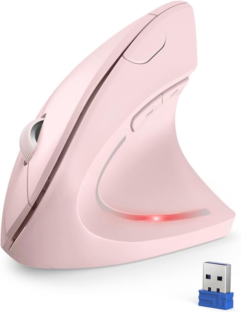 TECKNET 2.4G Ergonomic Mouse Vertical Wireless - 4800 DPI Optical Carpal Tunnel Mice Right Hand, 4800 DPI Adjustable, Quiet Clicks, 6 Buttons for Laptop, Desktop, PC, Computer - Pink
