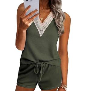 Ekouaer Pajama Sets for Women 2 Piece Tank Top and Shorts Waffle Knit Lounge Set with Lace V-neck PJ Loungewear, S