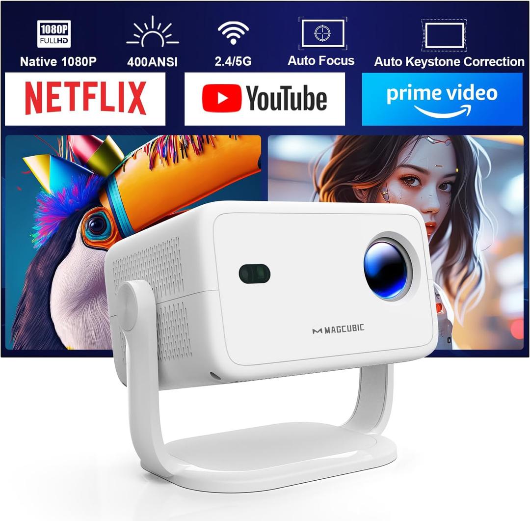 [Netflix Licensed] 4K Projector with Wifi and Bluetooth, Built-in Android 13, Smart 1080P Projector, Auto Focus&Auto Keystone Correction with Voice Control Movie Projector for HomeTheater/Outdoor (White)