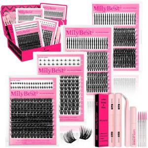 MilyBest Lash Clusters Kit 808Pcs Eyelash Clusters with Spikes and Bottom Lashes Clusters D Curl 4 Styles Lash Kit Fluffy DIY Individual Eyelashes Glue Wispy Cluster Eyelash Extensions Kit De Pestaas