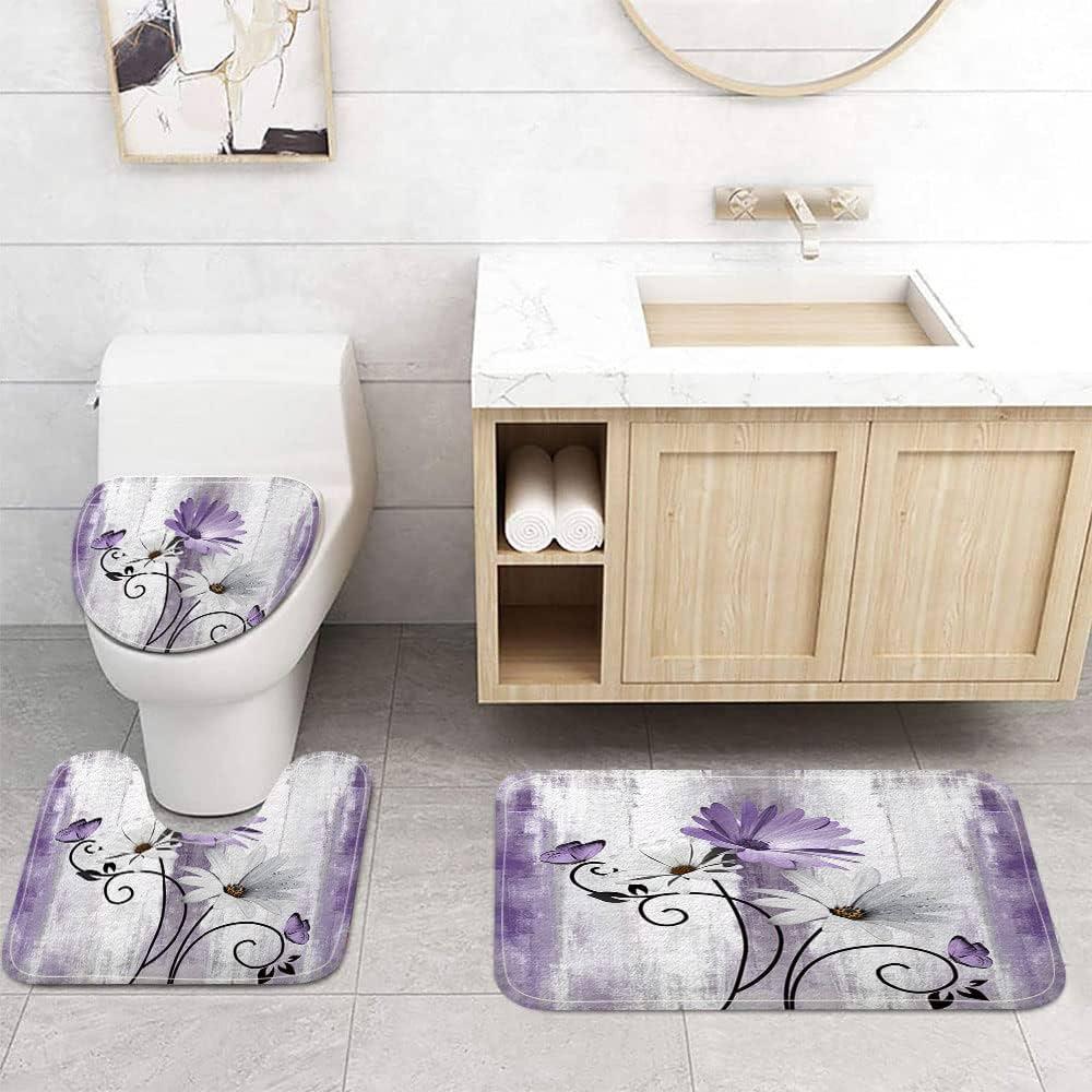 VeiVian Rustic Farmhouse Bath Mat Set, Farm Purple Daisy Floral Flowers and Butterfly on Country Wooden Bathroom Mat Set with Non-Slip Bath Rug, Soft Toilet Lid Cover and Contour Mat, Grey(Purple)