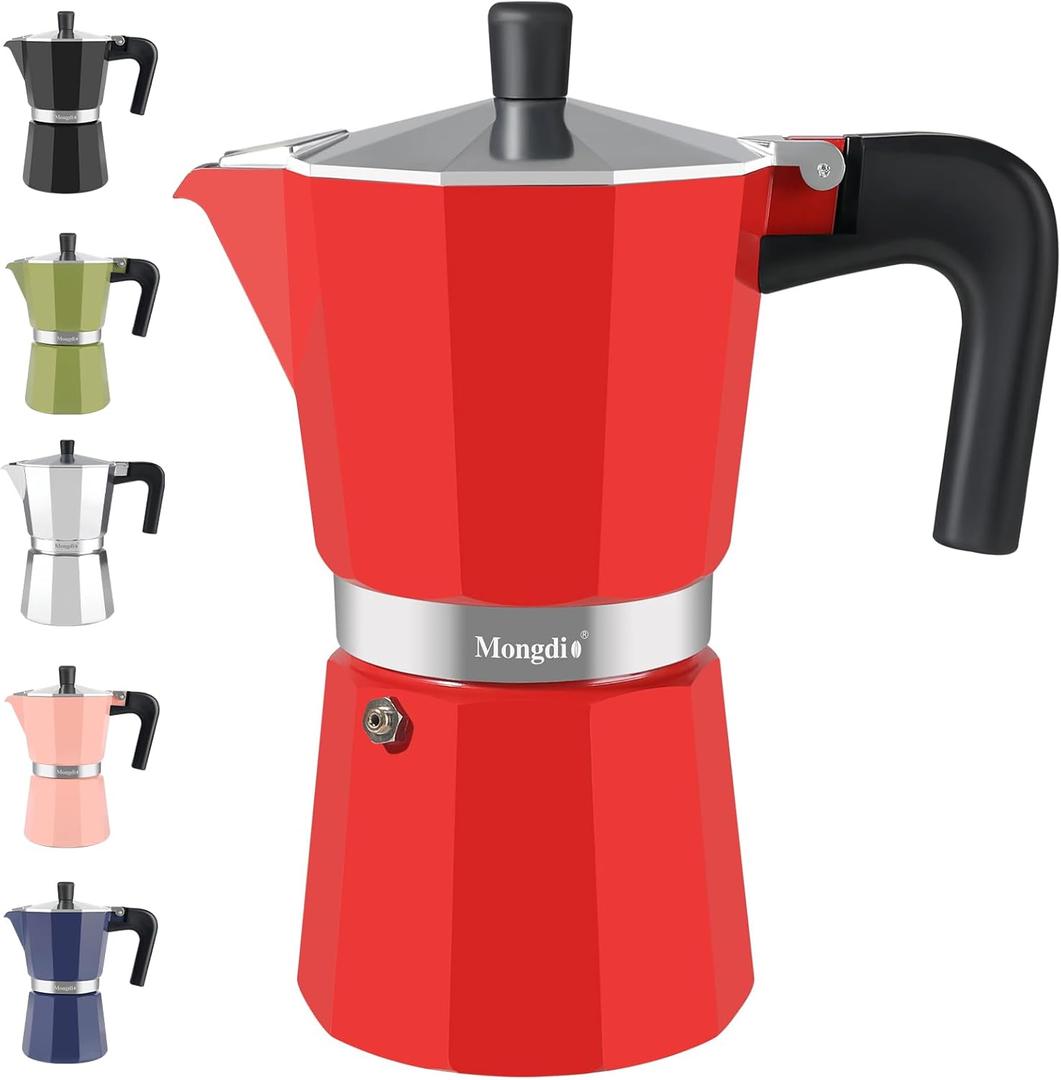 Mongdio Stovetop Espresso Maker Moka Pot, Stove Top Cuban Coffee Maker, Italian Greca Mocha Pot, 12 Espresso Cups, 20 oz - Red