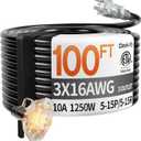 100 ft 16/3 awg 3 Outlet Extension Cord Splitter with Indicator, Waterproof Outdoor Extension Cord with Multiple Outlets, 10A 1250W for Home & Workshop, ETL Listed, Black SJTW