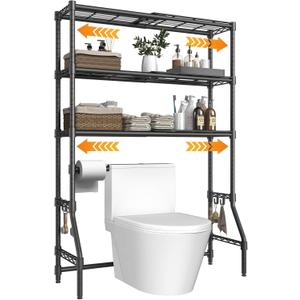 Expandable Over The Toilet Storage Rack, 3-Tier Adjustable Height & Width (22"-38") Metal Bathroom Organizer Shelves, Space Saver Above Toilet Over Washer and Dryer Shelf for Laundry Room