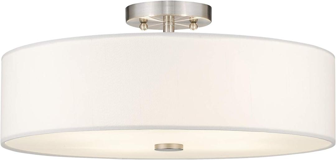 Livex Lighting 51055-91 Meridian Collection 4-Light Semi Flush Mount Ceiling Fixture with Off-White Fabric Hardback Drum Shade, Brushed Nickel, 18"L x 18"W x 8.13"H