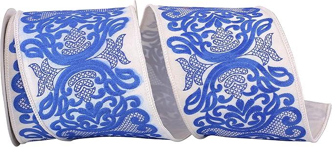 Reliant Ribbon 93861W-685-10F Regal Filigree Printed Dupioni Wired Edge Ribbon, 4 Inch X 10 Yards, White/Blue