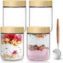 Overnight Oats Containers with Lids,16oz Wide Mouth Glass Mason Jars with Bamboo Lid,Overnight Oats Jars with Spoons,Meal Prep Jar with Airtight Lid for Yogurt,Chia Pudding,Snacks,Salad,Spice 4pack